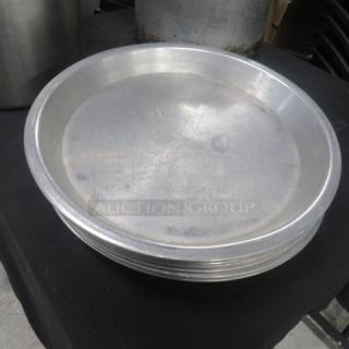 12 Inch Aluminum Pie Pan, model 9XBID, in good condition with visible surface scratches, suitable for baking.