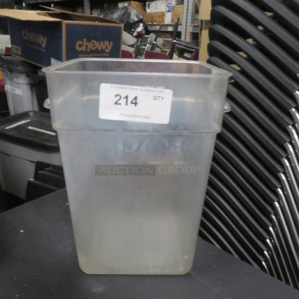 22 Quart Food Storage Container, clear plastic, used condition, rectangular shape, auction tag labeled "214".