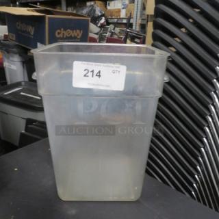 22 Quart Food Storage Container, clear plastic, used condition, rectangular shape, auction tag labeled "214".