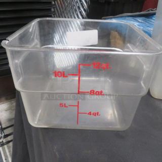 Clear 12-quart food storage container with red measurement markings for liters and quarts. Visible minor wear.