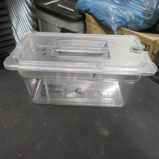 Clear 1/3 size, 6-inch deep food storage container with lid. Used condition, transparent plastic, ideal for kitchen storage.