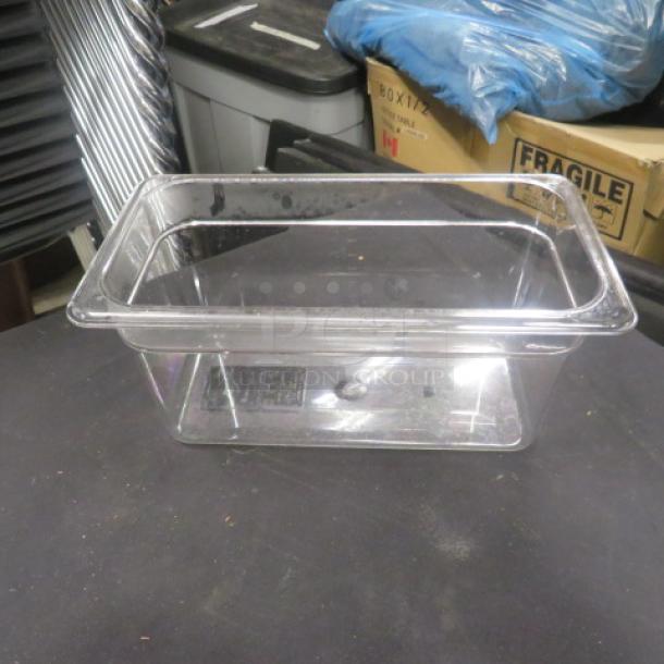 1/3 Size 6 Inch Deep Food Storage Container, clear plastic, used condition. Visible brand marking "3XBID".
