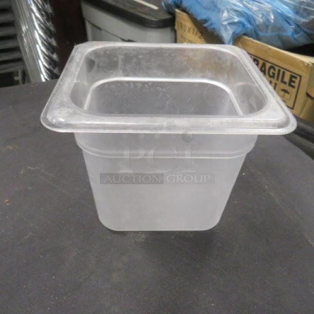 1/6 size 6-inch deep food storage container, clear, in good condition.
