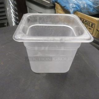 1/6 size 6-inch deep food storage container, clear, in good condition.