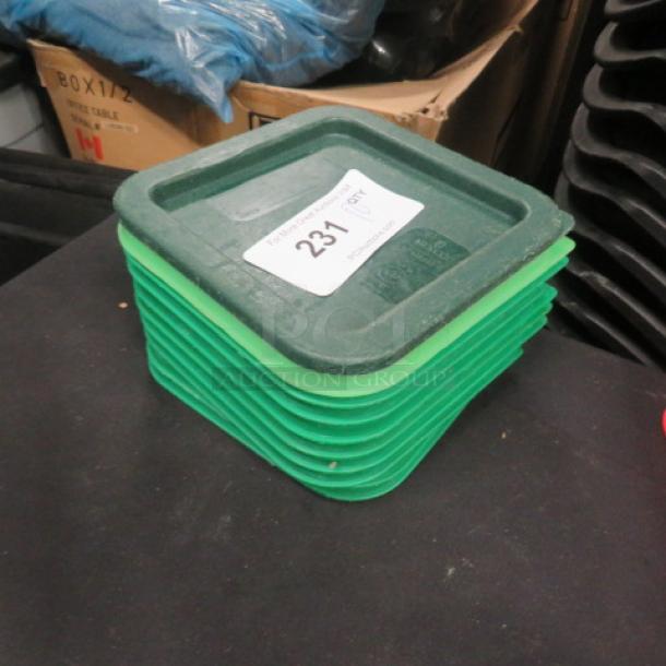 Green 2/4 quart square lids, stack of ten, with a visible label indicating item number 231.