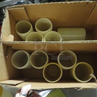 One lot of 10 store and pours without lids, beige, in cardboard box. Appears in used condition.