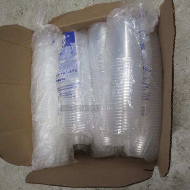 Box of assorted size deli containers, wrapped in plastic, in new condition.