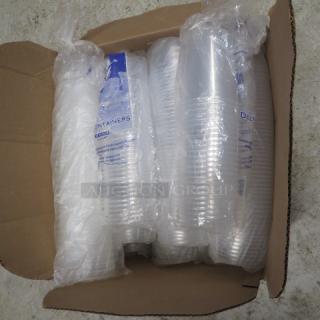 Box of assorted size deli containers, wrapped in plastic, in new condition.