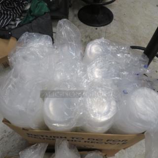 Assorted size deli containers in a cardboard box, clear plastic wrapping, new condition.