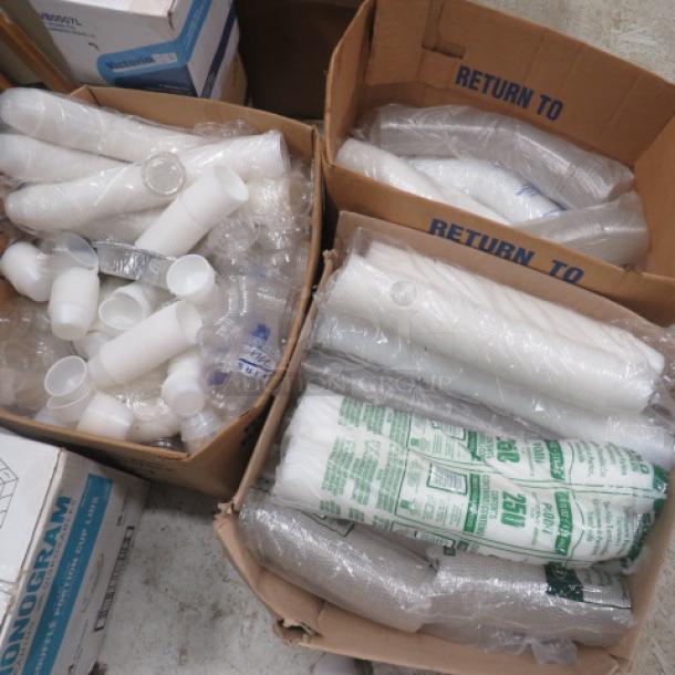 Large lot of portion cups and lids in boxes, some wrapped in plastic. Includes various sizes. Condition appears new.