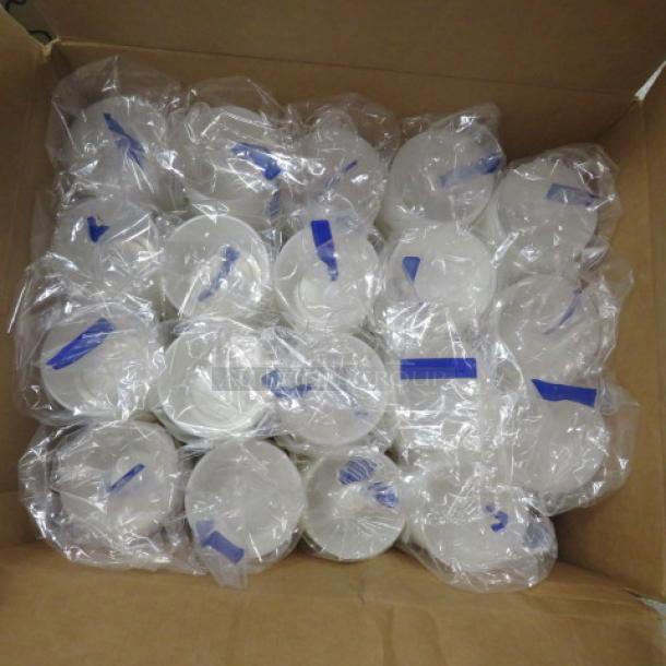 Box of individually wrapped portion cups stacked neatly. Clear plastic cups with blue seals, indicating freshness.