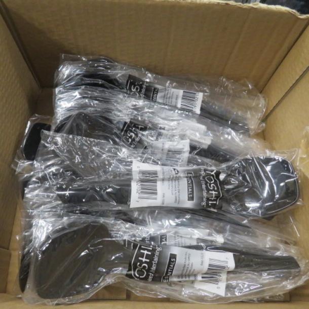 Box of Yoshi serving spoons, individually wrapped, black plastic, new condition, visible packaging labels showing brand.