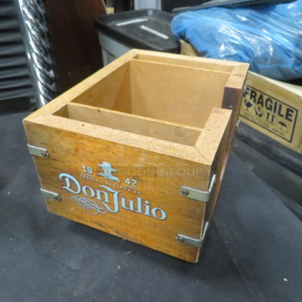 Wooden Don Julio bar organizer, dual compartments, logo marked "19 42 Tequila Reserva de Don Julio," metal corner accents.