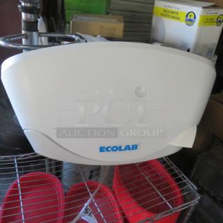 Ecolab insect light, 120 Volt, white casing with blue logo, mounted on a wire shelf.