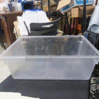 Clear Cambro 13-gallon food storage container, used condition, sturdy plastic, ideal for kitchen or restaurant use.