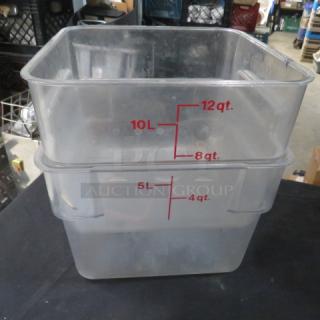 Assorted food storage containers, clear plastic, nesting design, marked with volume measurements, 12 qt. capacity, good condition.