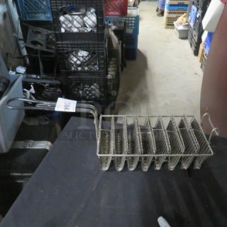 Metal deep fry basket with multiple compartments, wire handle, numbered tag "384", used condition, ideal for commercial kitchens.