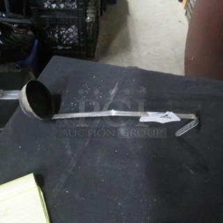6oz stainless steel ladle, long handle, slight wear. Tag marked "5XBID" attached. Ideal for kitchen use or collection.