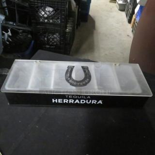 Herradura Tequila domed bar center, black with transparent lid, horseshoe logo, used condition, for bartending or display.