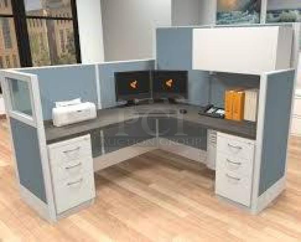 Set of 5 AIS Matrix 2023 cubicles with glass tiles, 6'x6', like new. Features adjustable tables, steel structure, lockable pedestals.