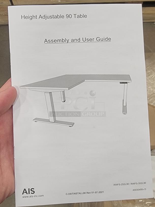 Assembly and User Guide for AIS Height Adjustable 90° Table, illustrating the setup of the adjustable workstation.