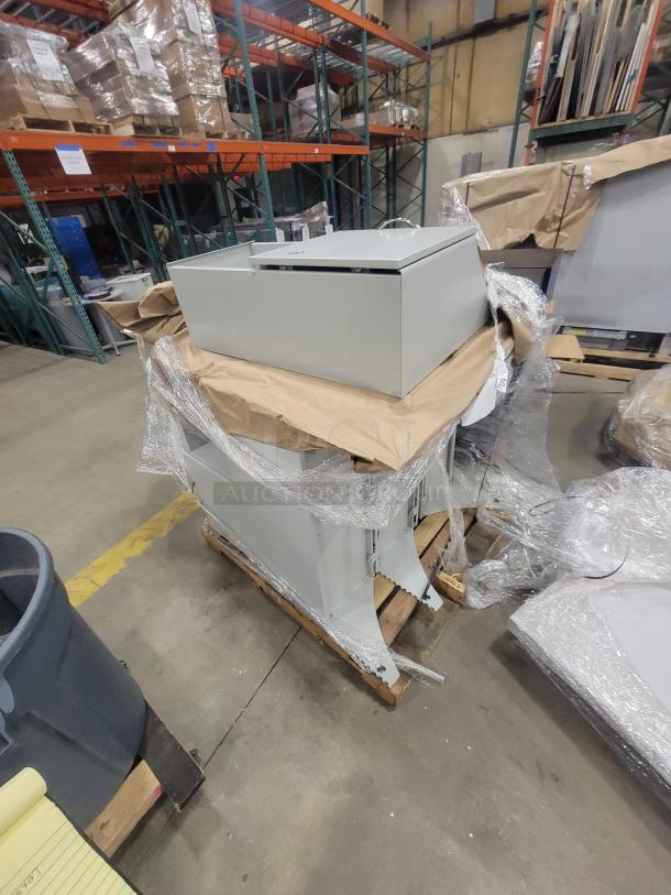 Set of 5 AIS Matrix cubicles with glass tiles, like-new condition. Includes height-adjustable tables and lockable storage pedestals.