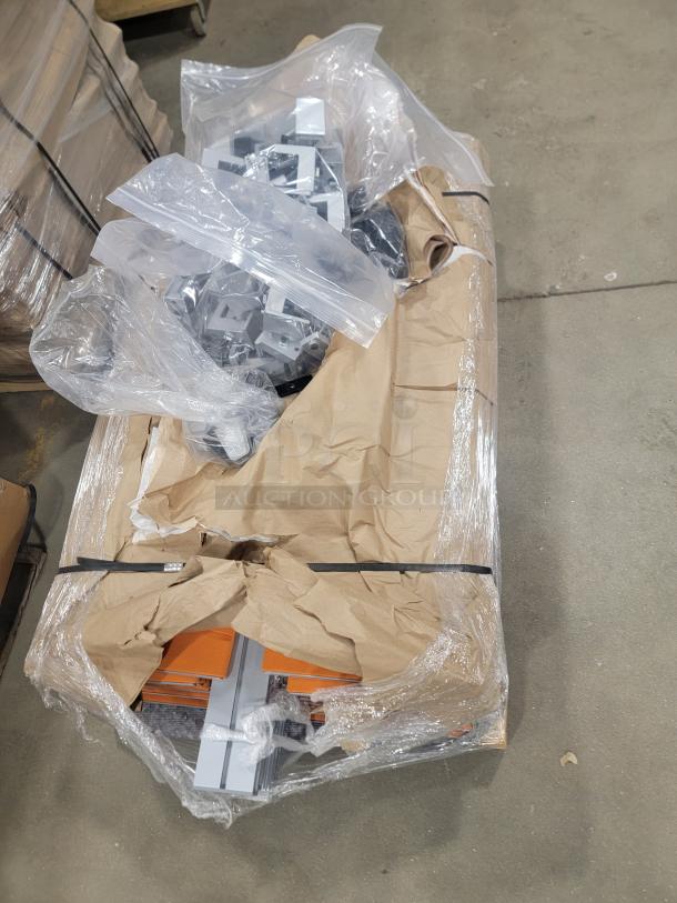 Bulk lot of 60 Steelcase privacy screens with tackable acoustic fabric, aluminum rails, and brackets. New, in packaging.