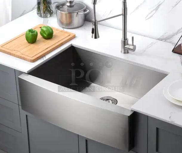Luxier 30" T-304 stainless steel farmhouse sink with single-bowl design, sound-dampening, and insulation coating.