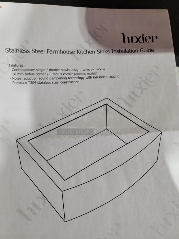 Luxier Premium T-304 stainless steel farmhouse sink installation guide showing features like noise reduction and single-bowl design.