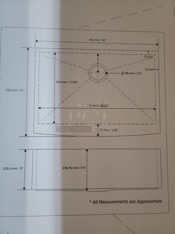 New Luxier Premium T-304 Stainless Steel Farmhouse Sink blueprint with dimensions; 30"x21". Features sound dampening tech.