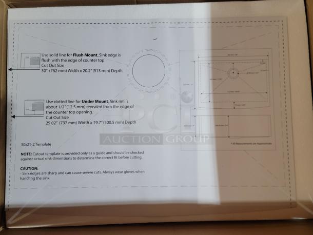 Alt text: Template of Luxier Premium T304 Stainless Steel Farmhouse Sink, 30" width, flush or under-mount installation guide.