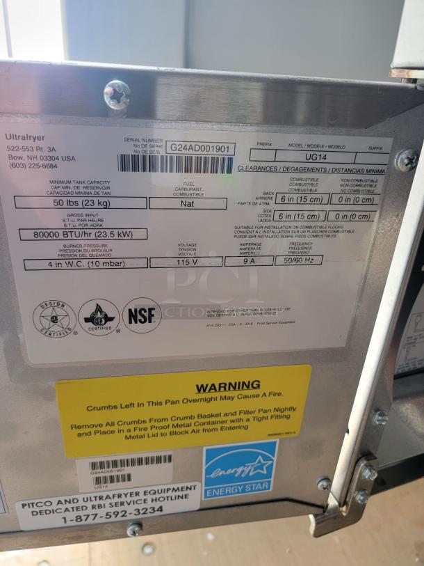 Label on Pitco Ultrafryer UG14 dual vat fryer showing serial number G24AD001901, energy efficiency, and safety warnings.