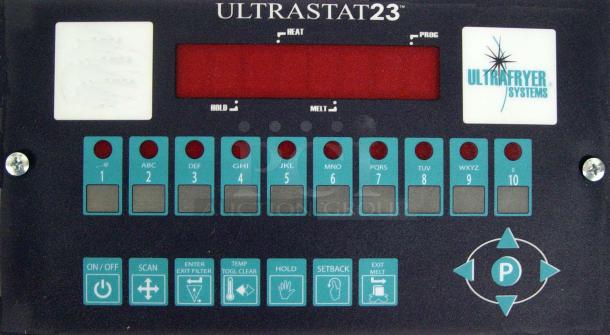 Control panel of a Pitco Ultrafryer UG14, featuring Ultrastat23 touchscreen controls with multiple programmable buttons and indicators.