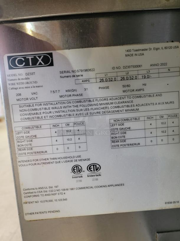 2022 Middleby Marshall CTX DZ33T commercial conveyor oven, featuring digital controls, in great condition. ID No. DZ33T500061.