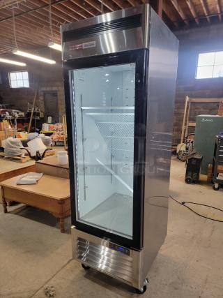 Commercial glass door refrigerator, North American Restaurant Equipment model A1GDC-GR, like new; glass door, LED lighting, digital display, on casters.