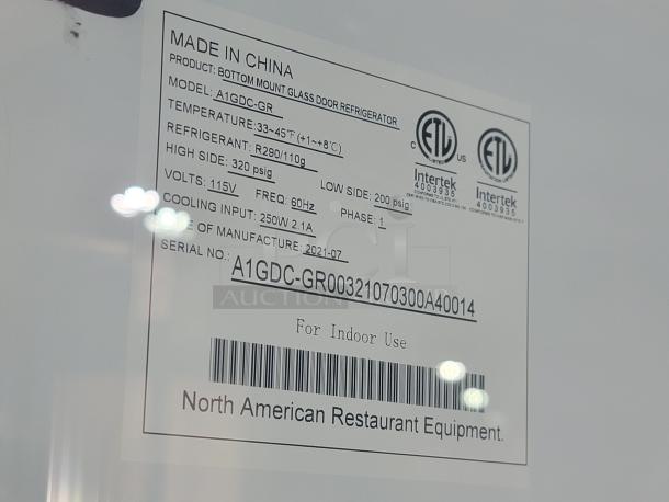 North American Restaurant Equipment Model A1GDC-GR tag, stating serial number, voltage, refrigerant, and manufacturing details.