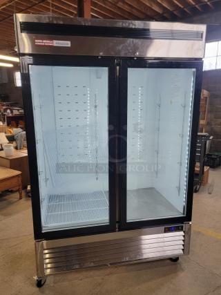 North American Restaurant Equipment 2-door glass freezer, model A2GDF-GR, with bottom-mount compressor and LED lighting.