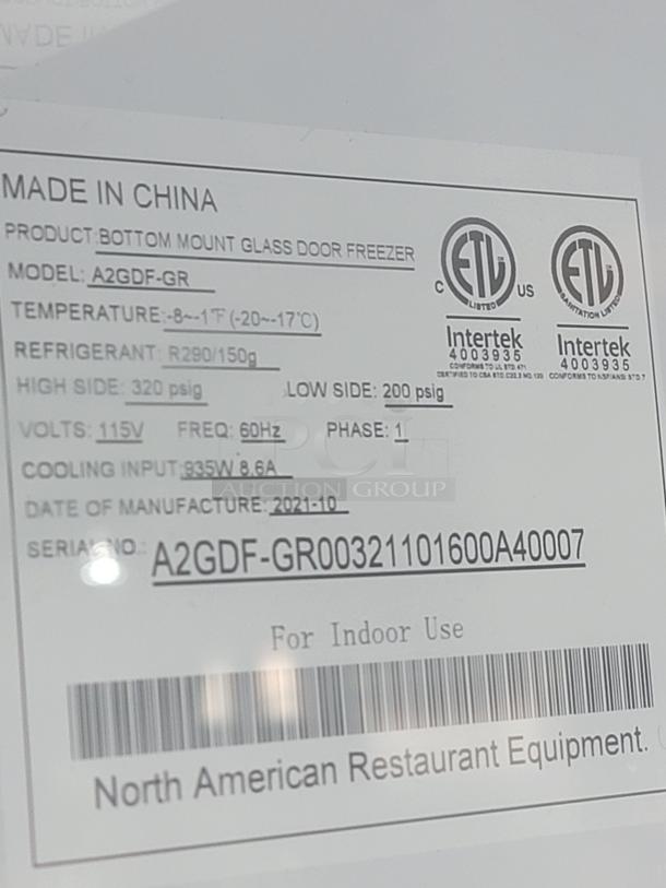 2021 North American 2-door glass freezer, model A2GDF-GR. Features digital control, LED lights, bottom-mount compressor.