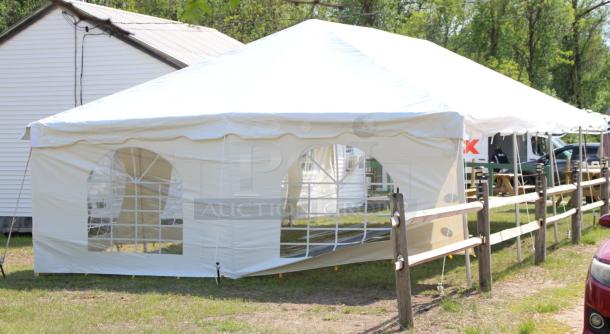 Premium 20'x40' West Coast Frame Tent, well-maintained, aluminum frame, white vinyl top, block-out sidewall kit, Tent and Table model BT-FW24WT3P.