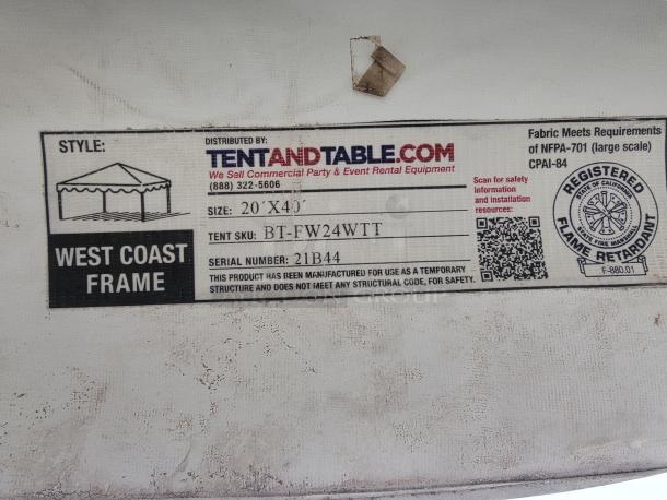 20'x40' West Coast Frame Tent label, Tent and Table, size, SKU BT-FW24WTT, flame retardant, for commercial use, 2019 model.