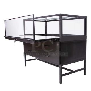 Dawson Jones lighted display showcase with lock, four drawers, and minimalist design for jewelry or electronics.