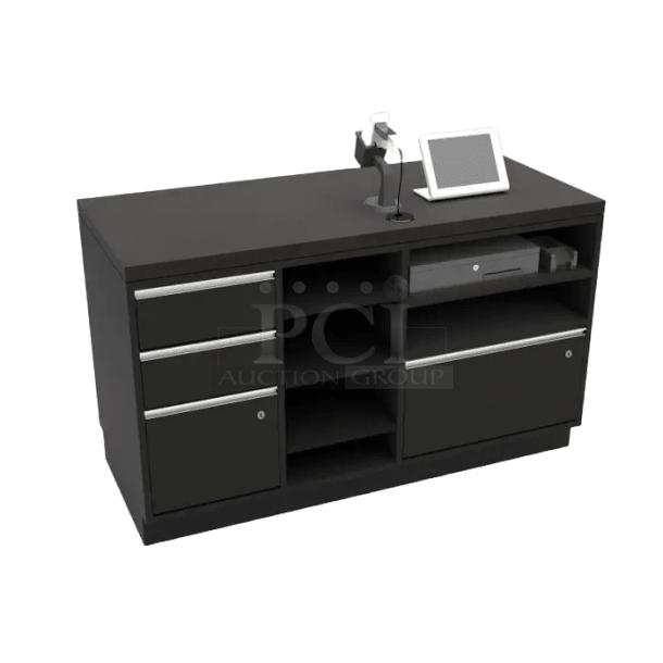 🖤 Black Premium Cash Wrap with wood-grain finish, smooth-glide drawers, open storage bay; 55" Deluxe Model from Premium Retail Fixtures.