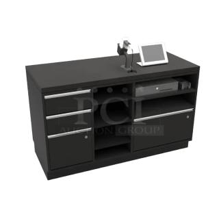 🖤 Black Premium Cash Wrap with wood-grain finish, smooth-glide drawers, open storage bay; 55" Deluxe Model from Premium Retail Fixtures.