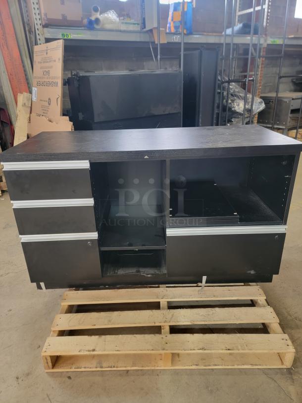 Premium Retail Fixtures 55" Deluxe Cash Wrap with wood-grain finish, smooth-glide drawers, open storage, and minimalist design.