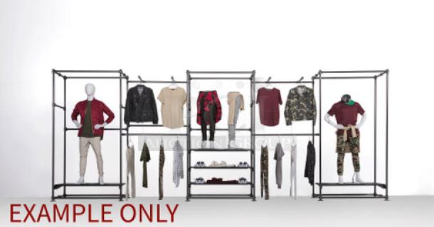 Industrial Pipeline wall display by Display Solutions in anthracite grey, ideal for retail or restaurant settings, showcasing durability and upscale design.