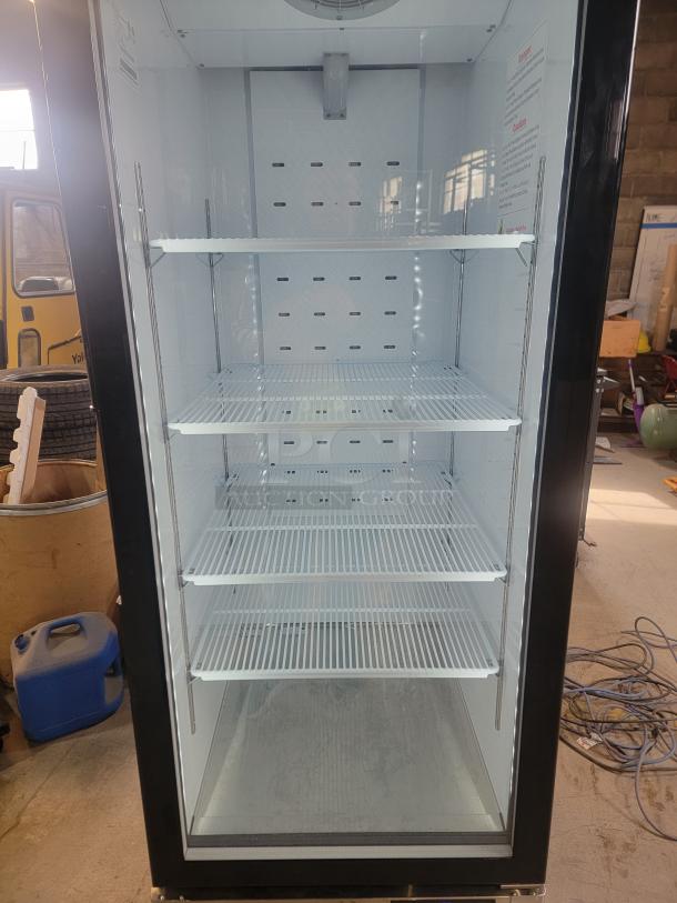 Commercial glass door refrigerator, model A1GDC-GR by North American Restaurant Equipment, like new, with LED lighting, digital display, and caster wheels.