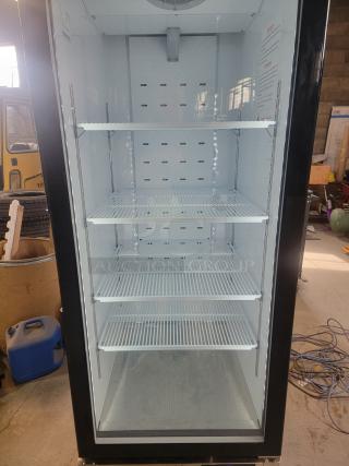 Commercial glass door refrigerator, model A1GDC-GR by North American Restaurant Equipment, like new, with LED lighting, digital display, and caster wheels.