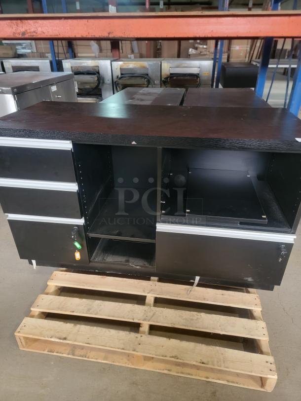 Premium Retail Fixtures black cash wrap, wood-grain finish, smooth-glide drawers, open storage bay, 55" Deluxe model.