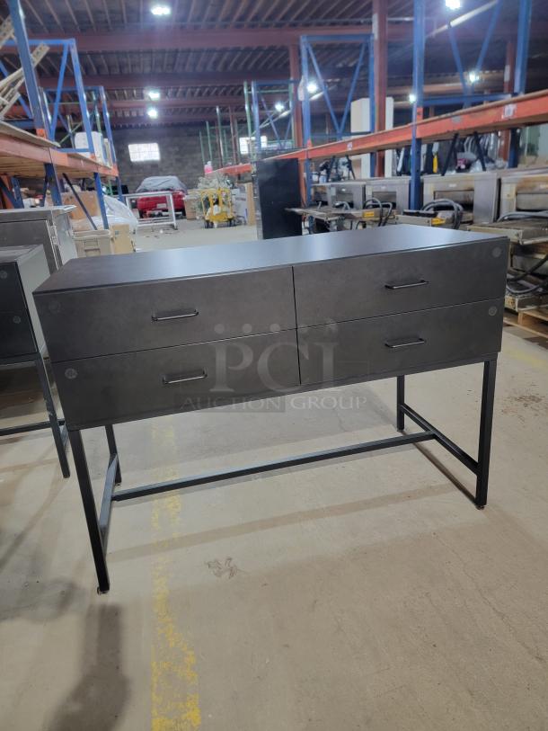 InterMetro magnetic locking 4-drawer console in matte black, steel base, reinforced H-brace, 4'x2', 35" height, no handles.