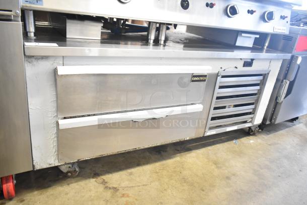 Cooltech commercial 2-drawer chef base on casters, stainless steel, 115 Volts, 1 Phase, visible wear on drawers.